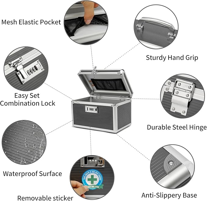 Lockable Medication Box with Portable Storage Case, 10.2 x 6.8 x 6.8 Inch, Childproof Medicine Lock Organizer, Lockbox for Secure Cash, Jewelry, ID Documents (Gray/Small)