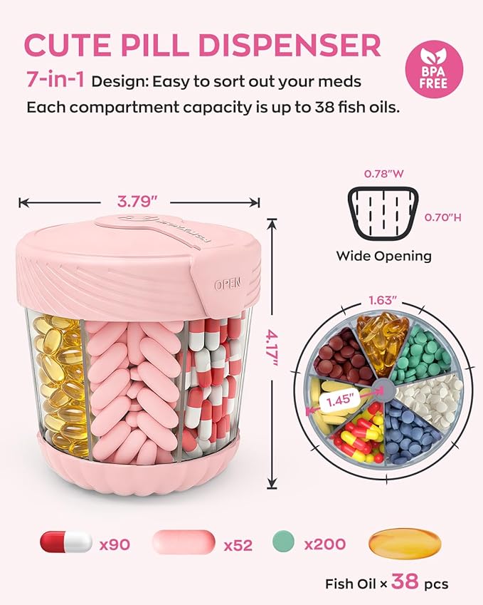 Cute Pill Dispenser with 7 Large Compartments, Portable Pill Bottle Organizer with Wide Opening for Travel, Anti-Mixing Pill Container, Shatterproof BPA-Free, Includes 20 Pcs Labels, Pink