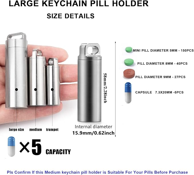 TISUR Portable Pill Cases, Metal Titanium Pill Holder Pocket Pill Box Keychain Waterproof Pill Bottle Medicine Organizer Case Container for Travel Purse Outdoor Camping