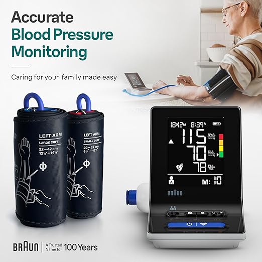 Braun ExactFit 3 Blood Pressure Monitor for Home Use, Blood Pressure Machine, Color-Coded, High BP Monitor, 2 Upper Arm Cuff Sizes, 80 Memory Slots