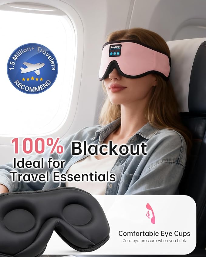 Sleep Mask with Bluetooth 5.4 Headphones, Wireless Music Sleep Eye Mask for Side Sleepers, 3D Contoured Comfort & Built-in HD Stereo Earphones, Blackout for Travel (Peach Pink)