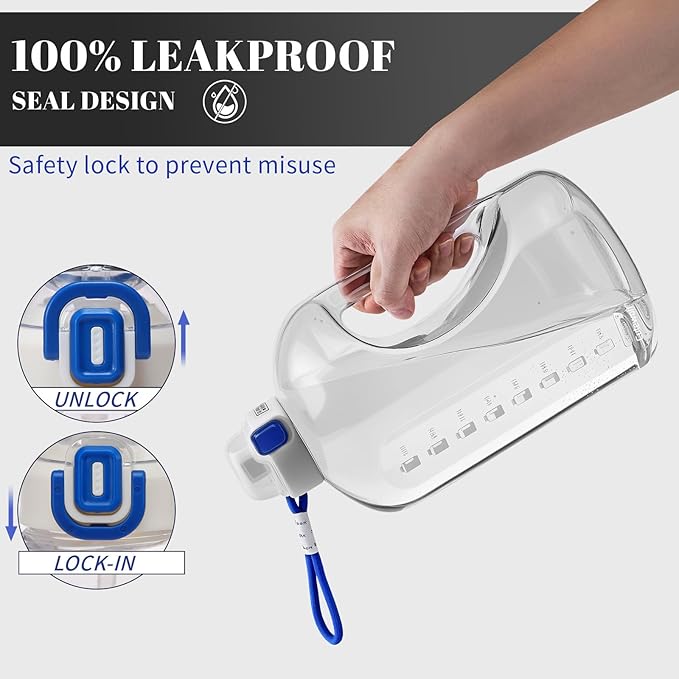 1 Gallon Water Bottle with Straw, 128 oz Large Water Jug with Times to Drink, Reusable Leak Proof with Handle, 2 Lids BPA Free Big Sports Bottles for Fitness Gym Camping (Clear, 128 Ounces)