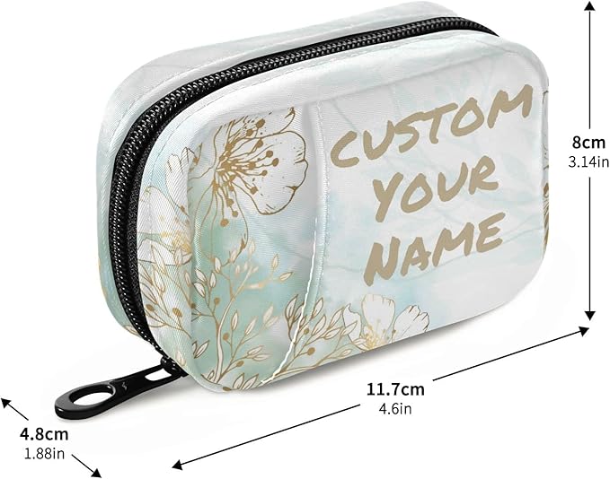 Custom Pill Box 7 Day Pill Case Bag Golden Flowers Personalized Name Travel Pill Organizer Bag with Zipper Portable Weekly Case Compact Size for Vitamin Supplement Holder