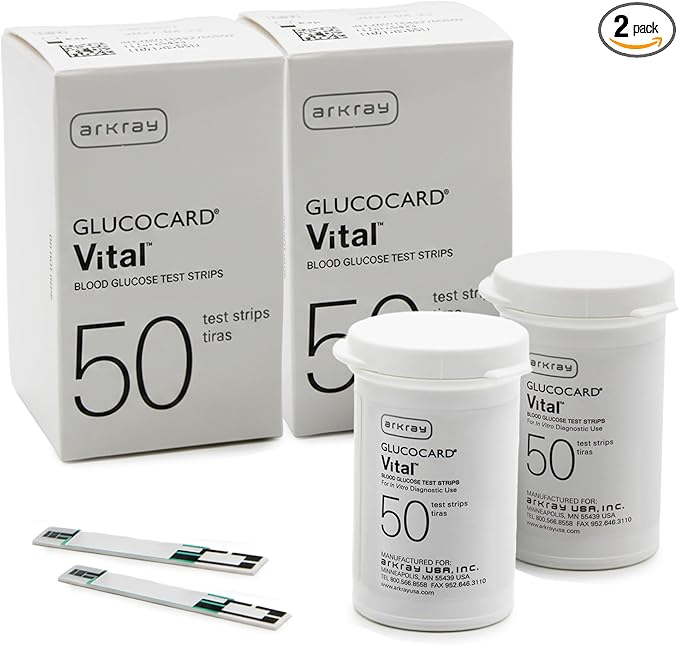 ARKRAY GLUCOCARD Vital Blood Glucose Test Strips – No Coding Required, Fast 7-Second Results, 0.5 Microliter Sample Size – Compatible with GLUCOCARD Vital Glucose Meter, 100 Count (2 Packs of 50)