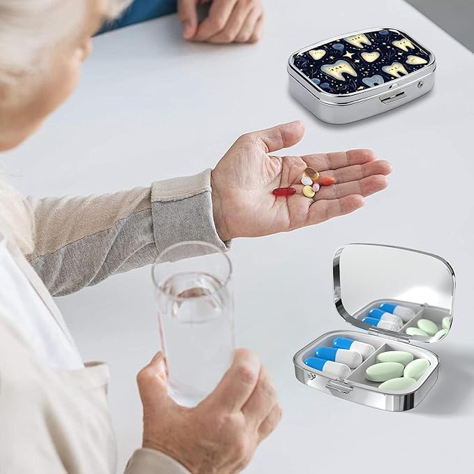 Pill Box-2 Compartment Small Pill Case Square Organizer Case with Mirror Portable Metal Medicine Box Travel Container for Pocket & Purse Women Men(Cute Teeth)