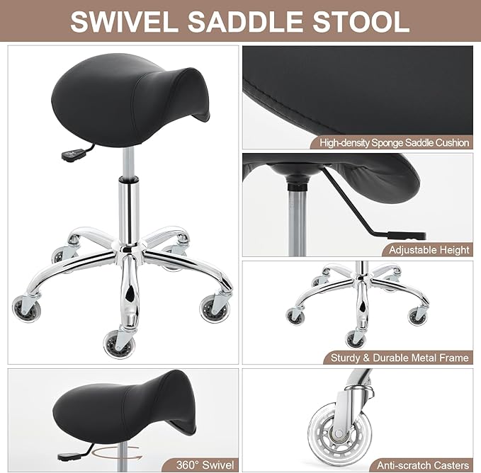 Saddle Stool, Ergonomic Saddle Chair with Wheels 450 LBS, Adjustable Height Swivel Salon Stool, Rolling Stool for Home Office Tattoo Massage Clinic Lab Beauty (Black)