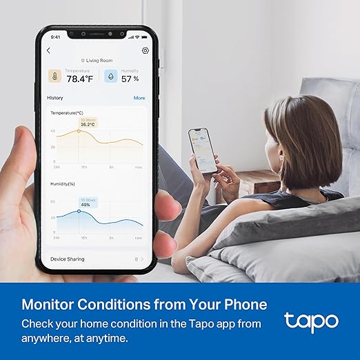 Tapo Smart Temperature and Humidity Monitor, 2.7" E-Ink Display, Swiss-Made Sensor, Real-Time Notification, Visual Graphics, Hub Required, White (T315)
