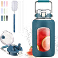 BLUEGO 84oz Water Bottle Glass with Stainless Steel Handle Large 2.5l Water Bottle with Time Markers and Silicone Sleeve Half Gallon Water Jug BPA Free for Gym Daily Use, Dark Blue