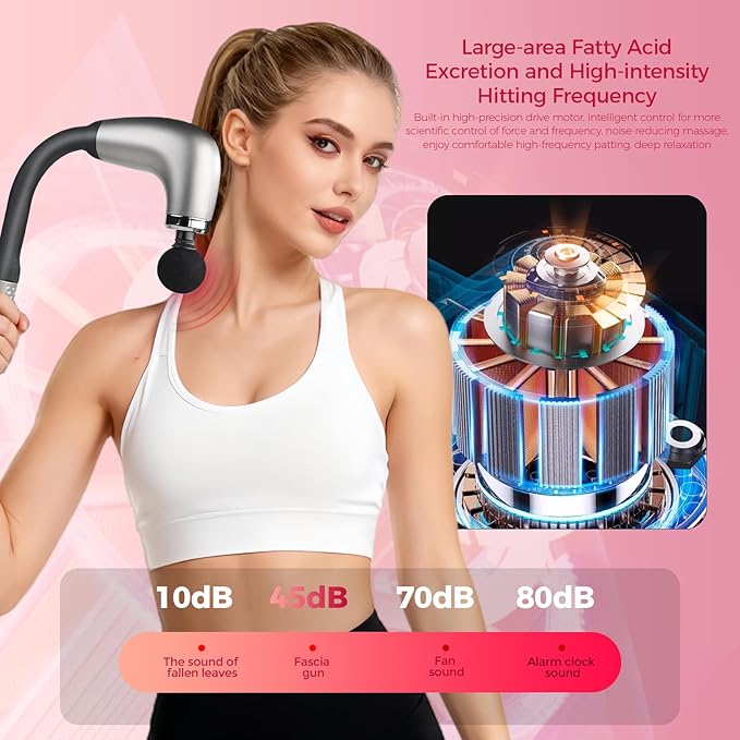 Deep Tissue Massage Gun for Back & Full Body – Long Handle Percussion Muscle Massager with 4 Replaceable Heads, Adjustable Speeds & Quiet Motor – Relieve Muscle Pain, Soreness & Stiffness (Silver)