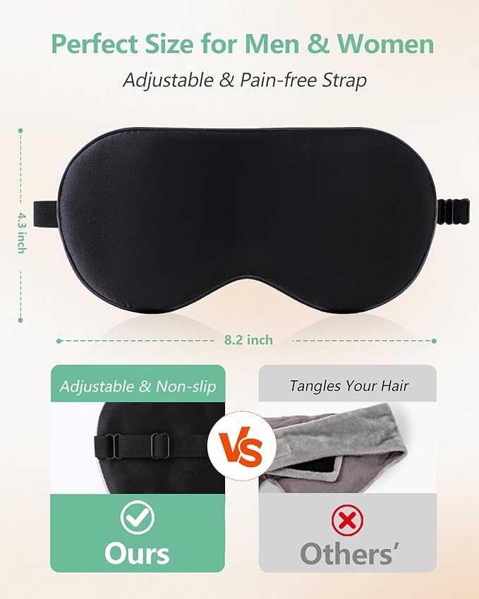 BeeVines 100% Real Mulberry Silk 2 Pack Sleep Mask, Pure Silk Eye Masks with Adjustable Strap for Sleeping, 100% Block Light Eye Shade Cover, Reduces Puffy Eyes Traveling Gifts(Black & Red)