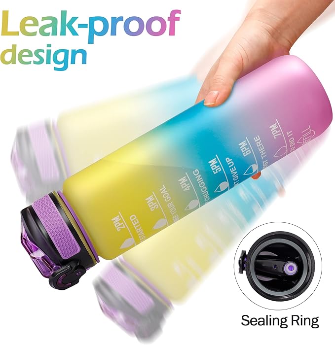 Motivational Water Bottle with Time Marker - 32oz, Leak-proof BPA Free Sports Water Bottles with Straw & Carrying Strap