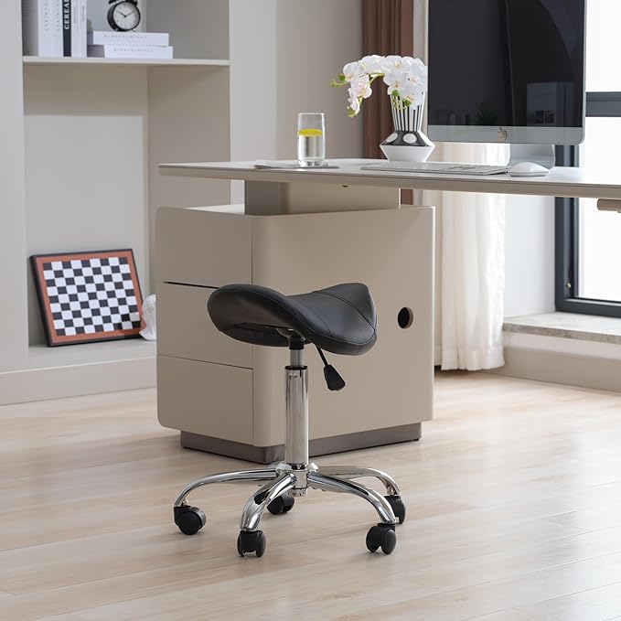 Saddle Stool, Swivel Saddle Stools with Wheels, Adjustable Rolling Stool 18"-26", Faux Leather Rolling Saddle Stool for Salon, Massage, Clinic, Lab, Office (Black, 1PCS (18"-26"))