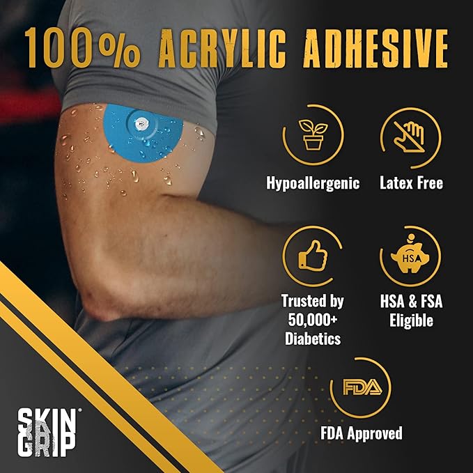 Skin Grip Universal Adhesive Patches for CGM and Insulin Pumps with Cutout (20-Pack), 0.8-Inch Hole, Waterproof & Sweatproof for 10-14 Days, Glucose Monitor Patch, Diabetic Sensor Cover, Blue