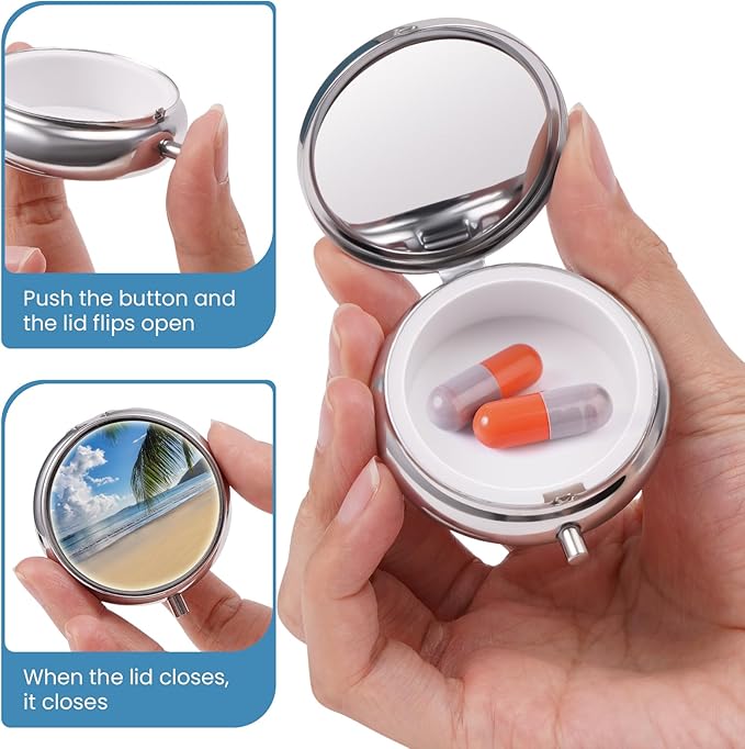 Mini Pill Box, Small Pill Box, Portable Pill Box, Cute Pill Organizer for Vitamins, Medications, Fish Oil and Supplements (Sandy Shore)