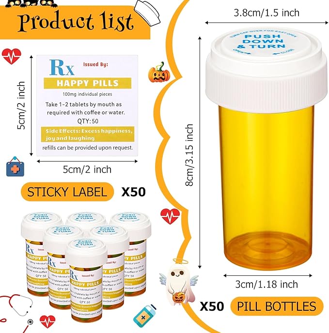 50 Set Nursing Halloween Party Supplies 50 Empty Pill Bottles with Caps Plastic Medicine Containers with 50 Sticky Label Pill Vial for Nurse Party Favors Serve(13 Dram)