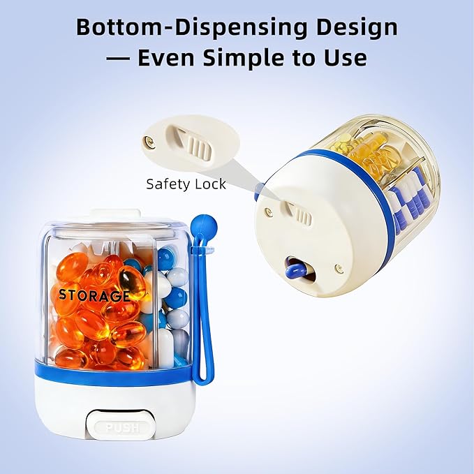 4 Compartments Pill Bottle Organizer, Anti-Mix Travel Pill Dispenser with Safety Lock, Pill Case with 16pcs Labels, Cute Pill Organizer for Seniors, Caregivers & Daily Vitamin Management(Blue)