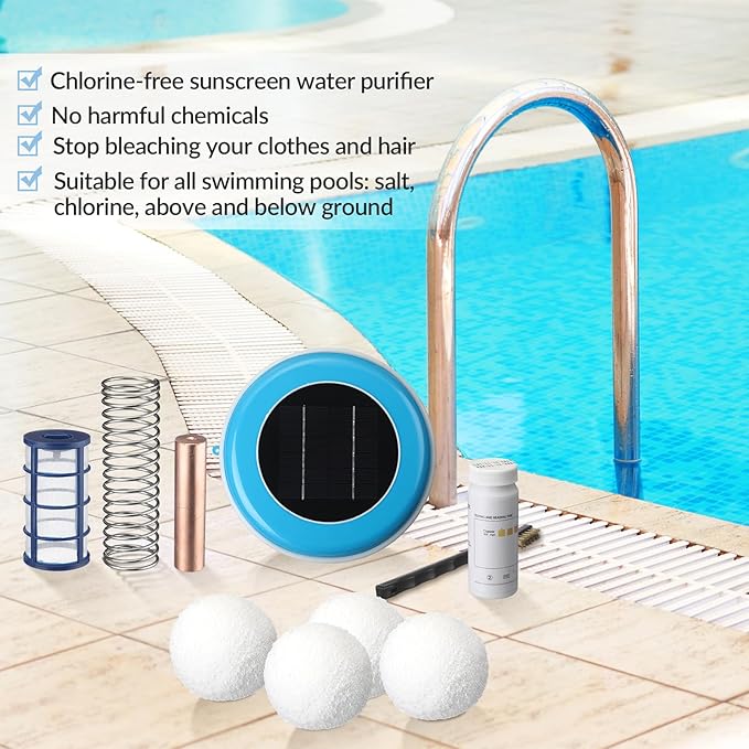 Qualirey 1 Set Solar Pool Ionizer Floating Water Cleaner and Purifier, Kill Algae in Pool, 85% Less Cl, with 4 Pcs Eliminating Ball for Fresh and Salt Water Pools Spas, Reusable(Blue)
