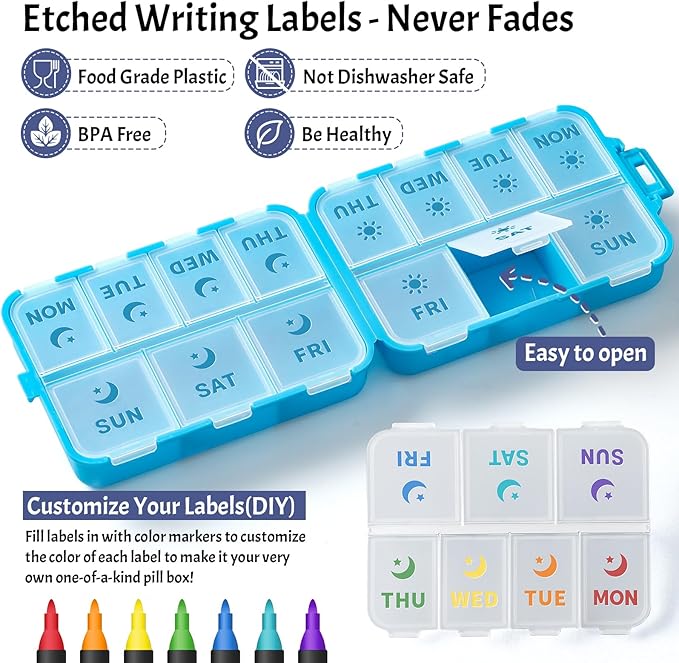 New Foldable & Double Protection Portable Weekly Pill Organizer 2 Times A Day with Etched Labels, AM PM 7 Day Week Medicine Box, Daily Travel Pill Case Holder Dispenser for Vitamin, Supplement - Blue