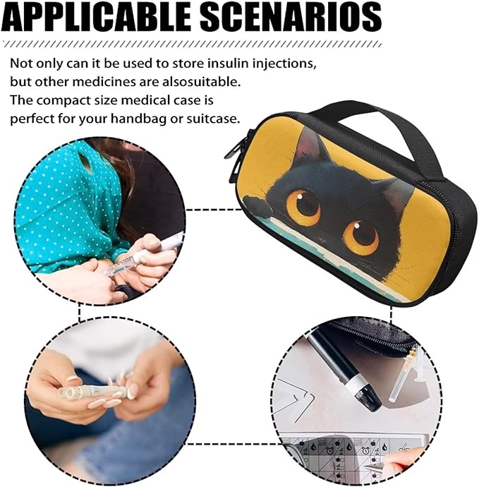 Rnyleeg Insulin Cooler Travel Case Cute Black Cat Reusable Insulin Bag for Travel Diabetic Supplies Storage for Home Medicine Carrying Case Diabetic Care Storage