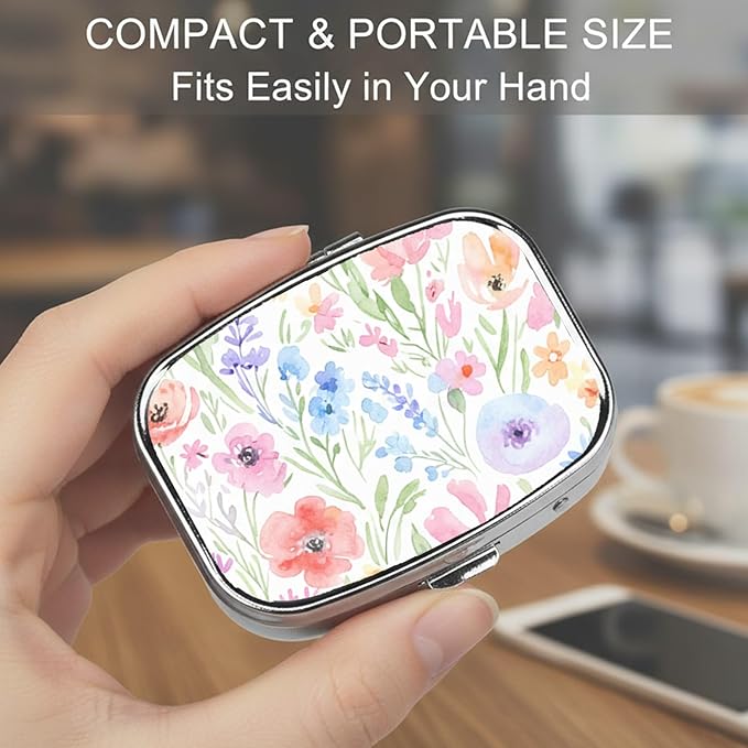 Square Pill Case Small Pill Box with Mirror Pocket 2 Compartment Vitamin Pill Medicine Case Organizer Pill Containers for Traveling Oil-Painted Wildflowers One