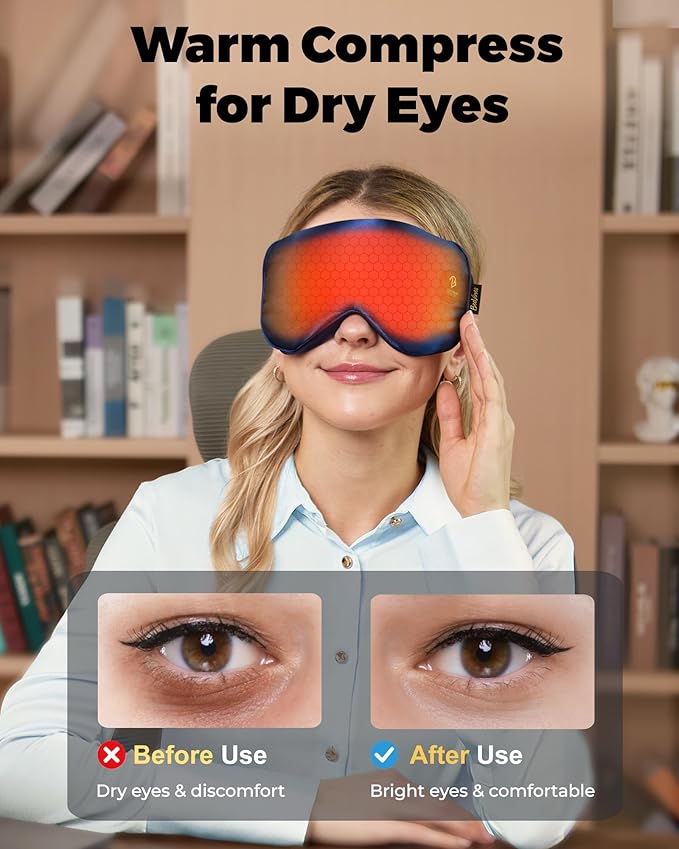 BeeVines Cordless Heated Eye Mask for Dry Eyes, Washable Heat Eye Masks for Blepharitis, Warm Eye Compress for Men & Women, 1500mAh Rechargeable Eye Warmer with Travel Pouch(Blue)