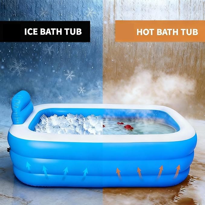 Double Inflatable Bathtub for Adults with Electric Air Pump, Portable 2-Person Spa Tub for Outdoor/Indoor Use, Includes Bath Pillow, Drain & Cup Holder, Foldable Storage, Blue