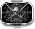 Metal Pill Organizer – 2-Compartment Pocket Pill Box for Vitamins, Supplements, Medications – Compact Travel Case (Ornate Skul)