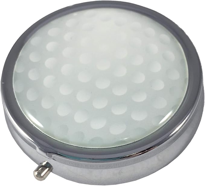 Golf Ball Silver Pill Box – Round 3-Compartment Metal Pill Organizer, Compact 2-Inch Travel Pill Case for Purse, Pocket, or Golf Bag