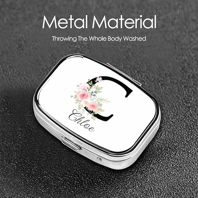 Custom Pill Box Personalized Square Small Pill Case with Mirror Add Your Photo Text Logo Name Decorative 2 Compartment Portable Metal Medicine Container Vitamin Organizer for Pocket Purse Travel (C)