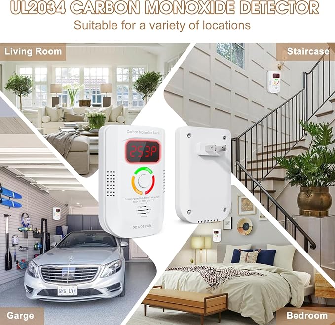 2 Pack Carbon Monoxide Detector, Plug-in Wall Carbon Monoxide Gas Detector, Portable Carbon Monoxide Detector with Digital Display LED, CO Alarm Monitor with Audible and Visual Alarm Test Mute Button