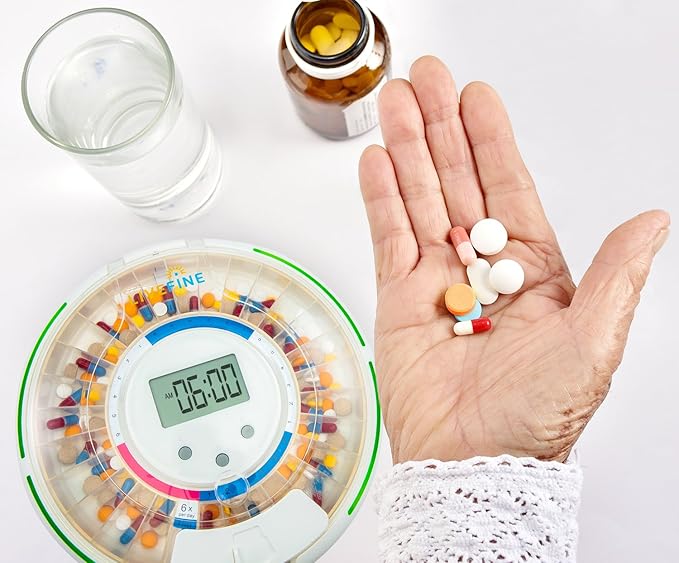 Live Fine Automatic Pill Dispenser with 28-Day Electronic Medication Organizer, 6 Dosage Templates, Easy-Read LCD Display, Sound & Light Alerts & Key for Prescriptions, Vitamins, Supplements & More