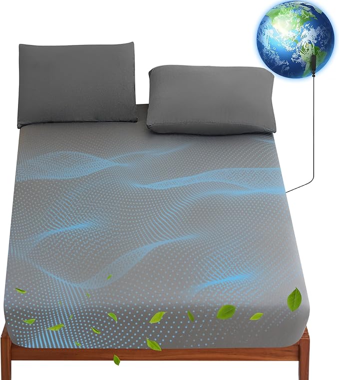 Levoo Grounding Sheets Full 90% Organic Cotton + 10% Pure Silver Fitted Grounded Sheet for Healthy Sleep Therapy Earth Connected Bed Sheet with Long Grounding Cord (Gray 54"x 75"x 16")