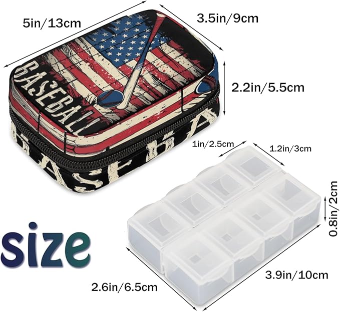 American Flag Baseball Travel Pill Organizer Box Weekly Portable Pill Case Daily Pills 7 Day Small Birth Control Pills Container Removable Compartments for Medicine Vitamins Fish Oil