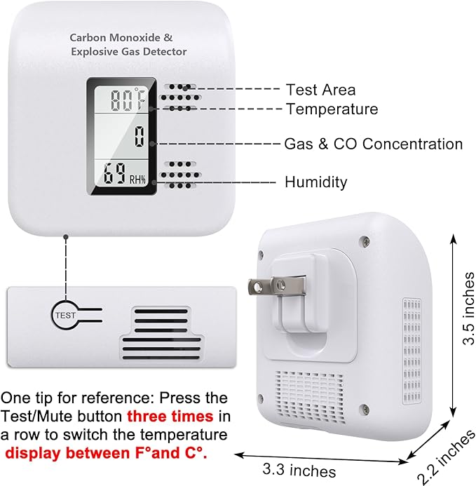 4-in-1 Upgraded Natural Gas Leak Detector and Carbon Monoxide Detectors,Carbon Monoxide Detectors Plug in with Temperature & Humidity Monitor CO Methane Propane Alarm for Home RV Hotel (1Pack White)
