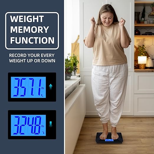 Scale for Body Weight 560lbs MPBEKING High Capacity Bathroom Scales Extra Large Platform Accurate Weighing Scale LCD Backlit Display with Tape Measure & 4 AAA Batteries (Black)