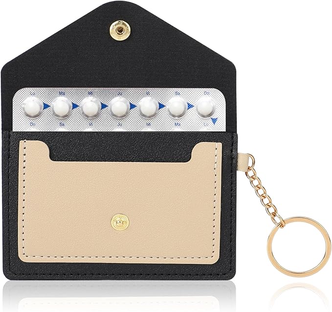 1 Pack Birth Control Pill Case Sleeve Packet 4.3 X 3 Inch PU Leather Wallet Pill Holder Privacy Protection Birth Control Pill Wallet with Key Ring for Pill Card Organizer(Black)