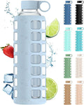 purifyou 40oz / 32oz / 22oz / 12oz Borosilicate Glass Water Bottle with Time & Volume Markers, Silicone Sleeve, Stainless Steel Lid | Reusable Glass Bottle for Water & Juice (32oz Ice Blue)