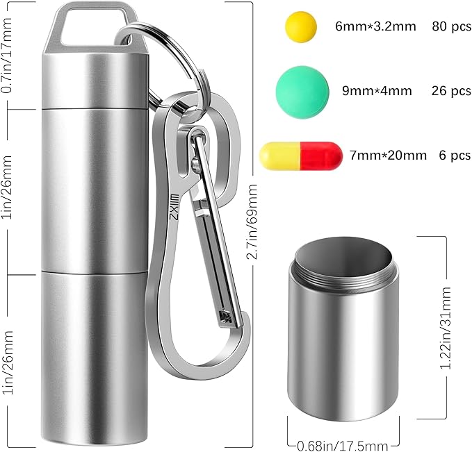 Small Pill Case (2 Compartments Design), Portable Metal Pill Holder Keychain, Waterproof Pill Box Container Mini Stainless Steel Pill Organizer for Travel Purse Pocket