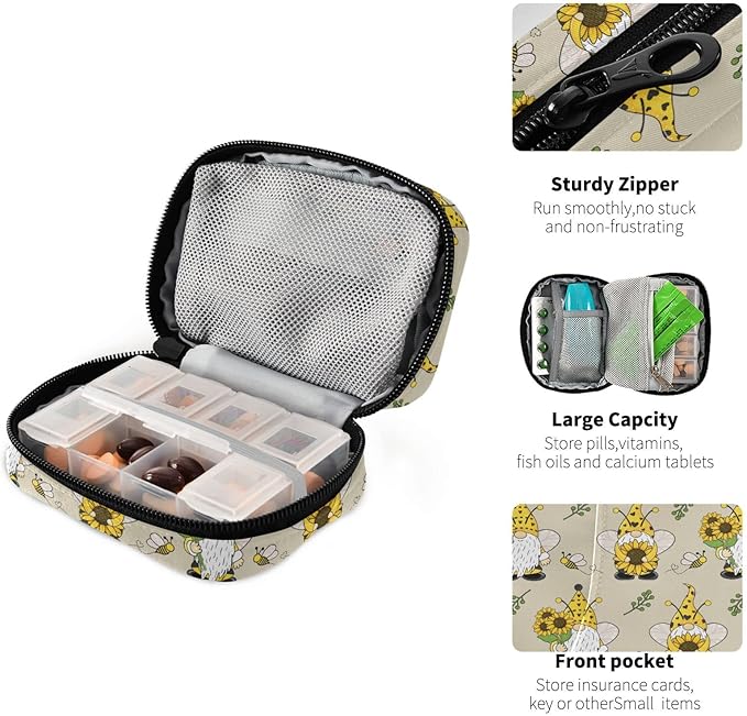Gnome Bees Pill Box 7 Day Pill Case Travel Pill Organizer Bag with Zipper Portable Weekly Vitamin Medicine Supplement Holder Pouch Bag