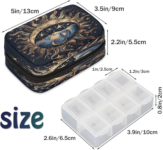 Weekly Travel Pill Organizer Case for Purse with Removable 7 Day Box Portable Compact Size Pill Box Fashionable Pill Container for Medicine Vitamin Supplement Boho Moon Ethnic