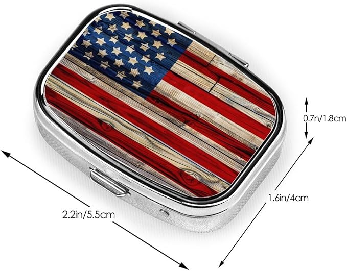 Small Pill case for Pockets & Purses Pill Box Makes 2 Compartment Travel Medicine Organizer (Vintage Wooden American Flag)