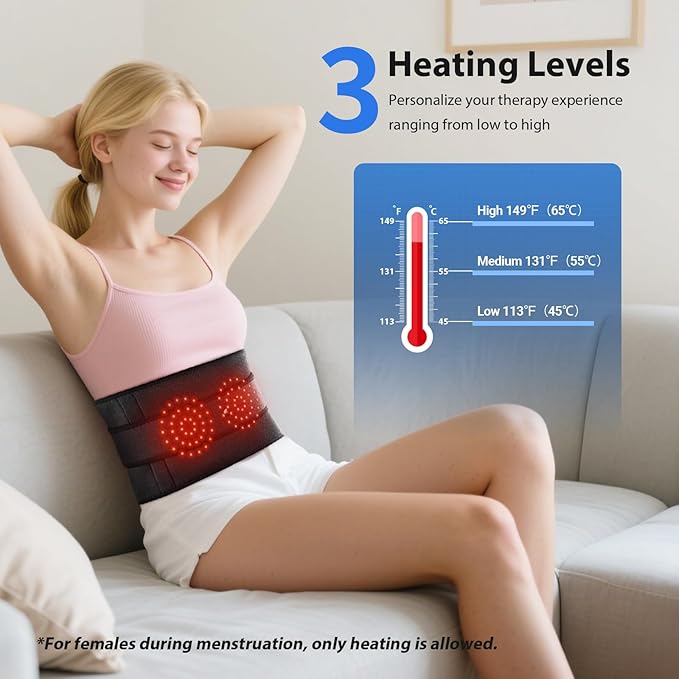 Lower Back Massager with Heat, Heating Pad for Back, Stomach Heating Pad, Waist Belt Wrap with Heat Vibration 3 Levels Adjustable, Touchscreen Control, Adjustable Size, Gifts for Dad Mom (Black)