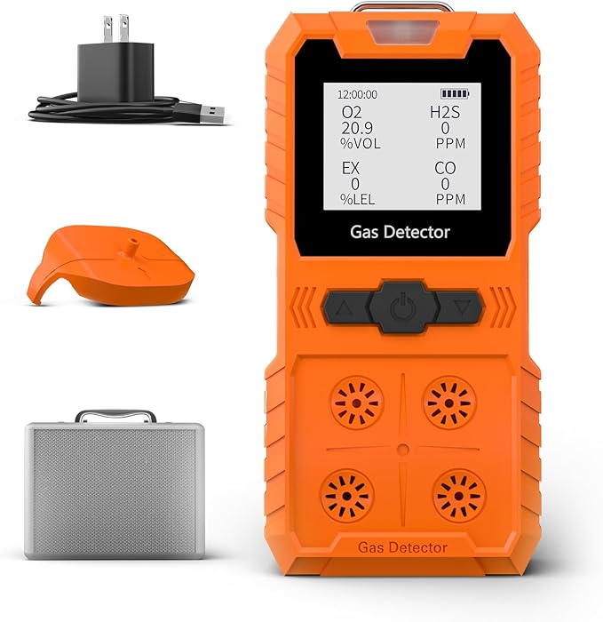 Portable 4 Gas Monitor Multi Gas Detector，Portable Gas Detector Rechargeable 4 Gas Monitor Ex H2s Co O2 with LCD Display Sound Light Shock confined Space air Monitor (Orange)