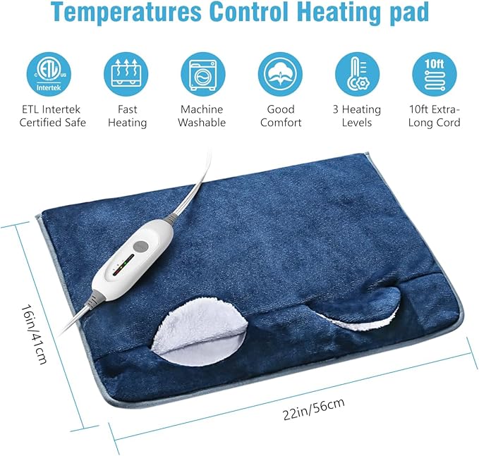 Electric Heated Foot Warmer Soft Flannel Foot Heater with 2h Auto Off & 3 Heat Levels Full Body Use Heating Pad for Feet Pain Relief, Pocket Design 16" x 22", Navy Blue