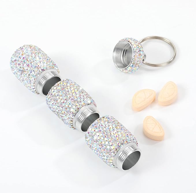 Bling Pill Case Portable Travel Pill Container Bottle Rhinestone Waterproof Small Pill Holder with Keychain Cute Mini Pill Storage Box for Outdoor Camping (AB)