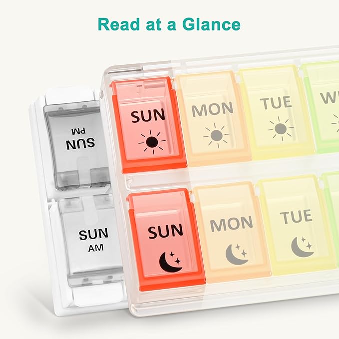 Fullicon Large-Capacity Pill Organizer 2 Times a Day, Fast-Refill Medicine Pill Organizer, Pill Box, Travel Pill Box, Medicine Organizer, AM PM Weekly Pill Case (Clear Rainbow) Patent Pending