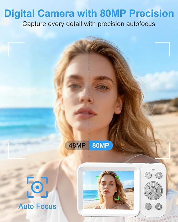 5K Digital Camera, 80MP Dual Screen Autofocus Vlogging Camera, 18X Zoom Point and Shoot Camera for Photography, Flash, 32GB Card, 2 Batteries, Compact Camera for Teens Adults (White)