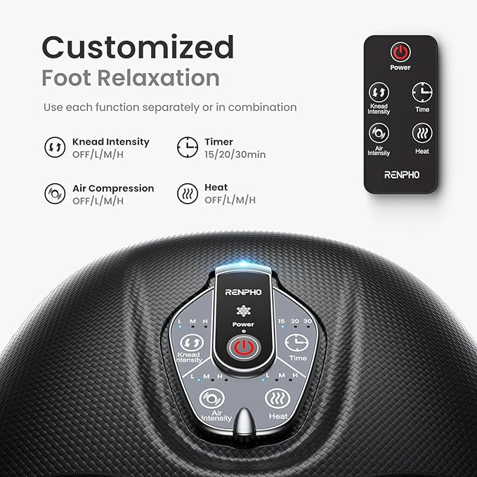 RENPHO Foot Massager Machine with Heat [2026 Upgraded], Shiatsu Foot Massager for Plantar Fasciitis, Birthday Gifts for Women Men, Cordless Control, FSA Eligible HSA Store Eligible Massager, Black