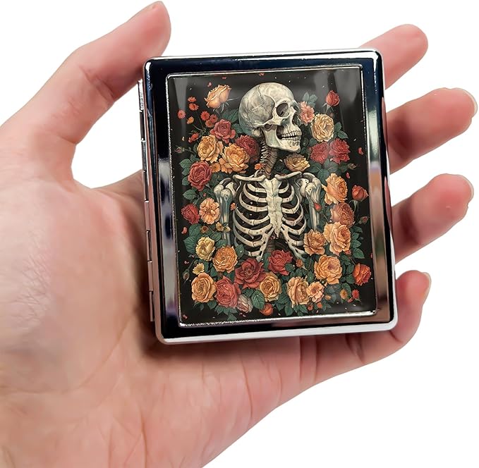 Cute Travel Pill Box Organizer with 8 Compartments - Compact and Fashionable Pill Case with Mirror - Ideal for Medications (Skeleton in Flowers)