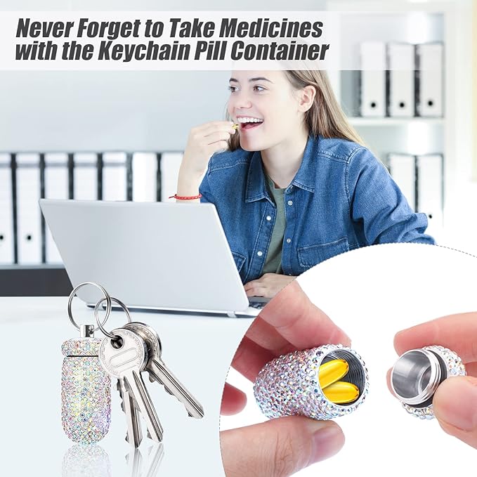 2 Pack Portable Pill Case Bling Rhinestone Pill Container Box Waterproof Medication Holder Organizer Bottle with Keychain for Outdoor Camping Travel Purse Pocket